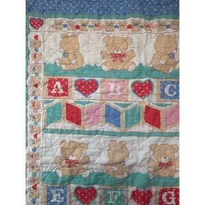 Vintage Teddy Bear Blocks Baby Quilt 39x32 Handmade Crib Quilt 90s
